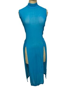 FTF Fashion to Figure Mesh Dress Cover-Up Teal Sleeveless High-Neck Slit Midi